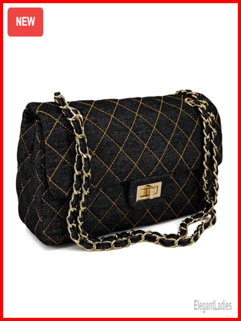 Vintage Quilted Denim Flap Shoulder Bag with Chain Strap